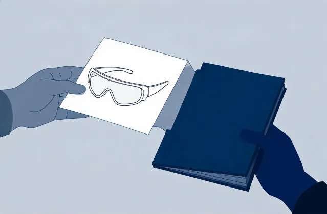 Illustration of a laser safety glasses specification brief handing off to a quotation folder